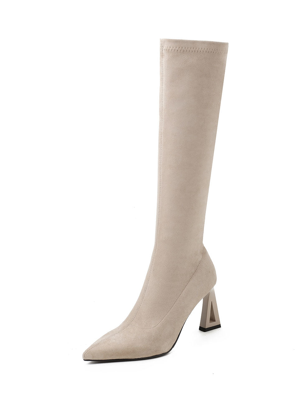 Beige Suede Stiletto Heel Pointed Knee High Boots