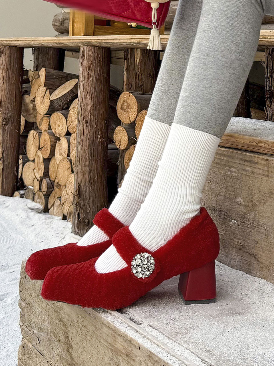 Winter Party Shoes Red Sheepskin Chunky Heel Pumps