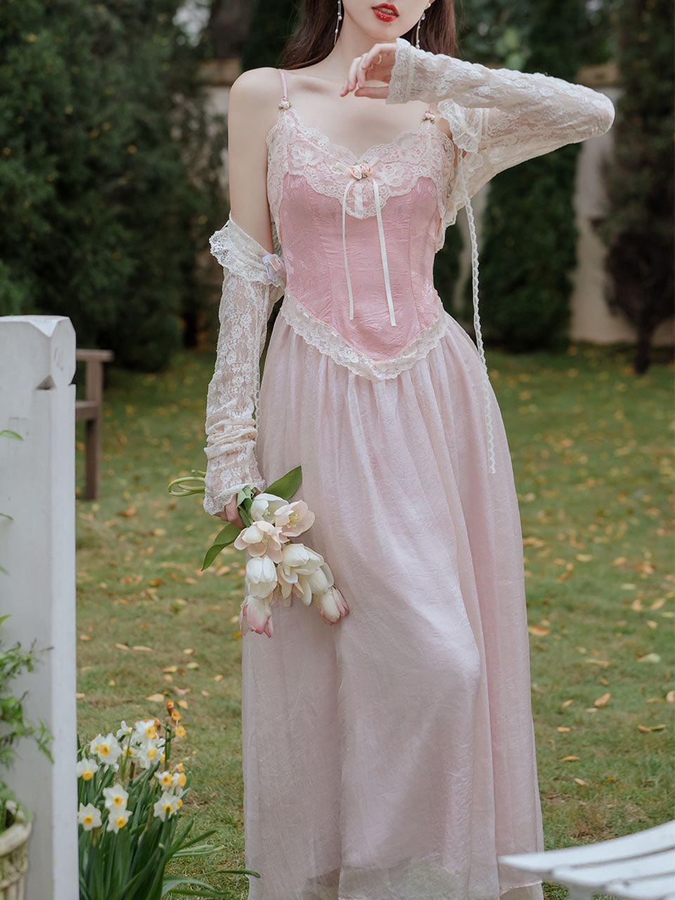 2PS Pink Lace Spaghetti Strap 1950S Swing Victoria's Fairy Dress