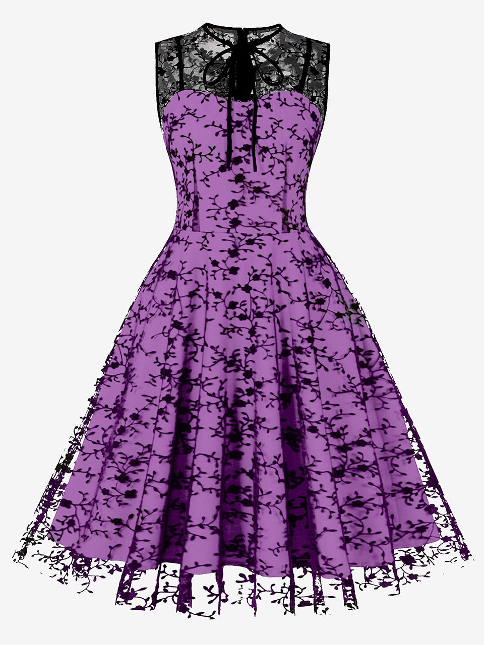 1950S Lace Semi-Sheer Flocking Printing Vintage Halloween Dress