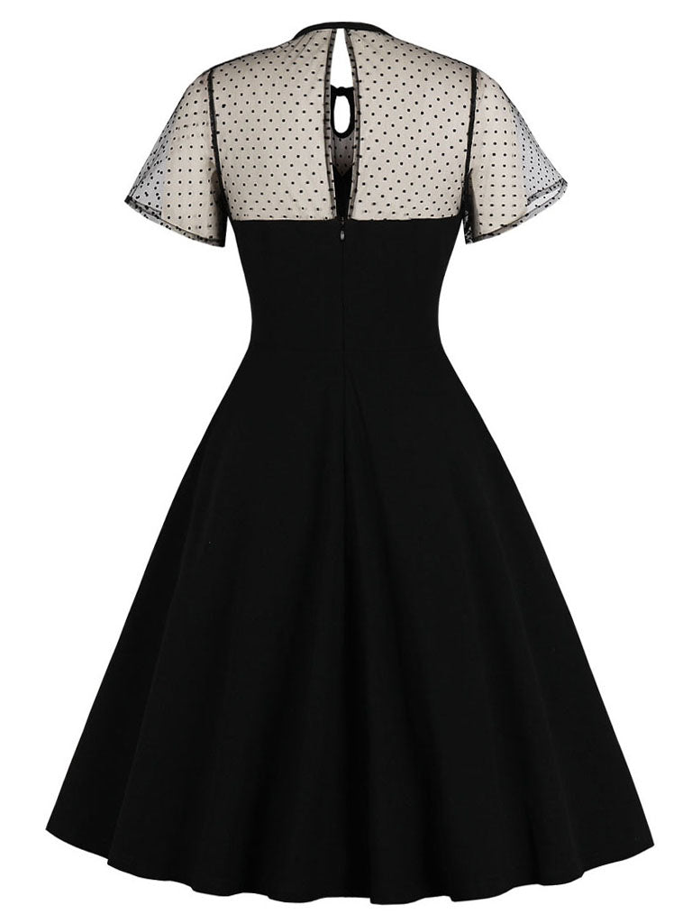 With Pocket Semi-Sheer A Line Black 50S Dress
