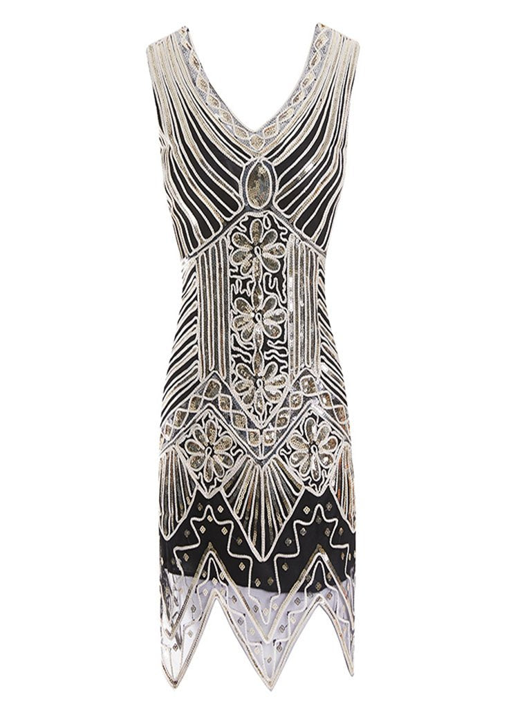 Gold 1920s V Neck Sequined Flapper Dress