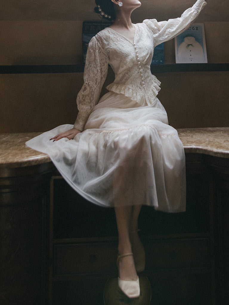 Mid Century Lace Pearl Top And Puffy Skirt Set
