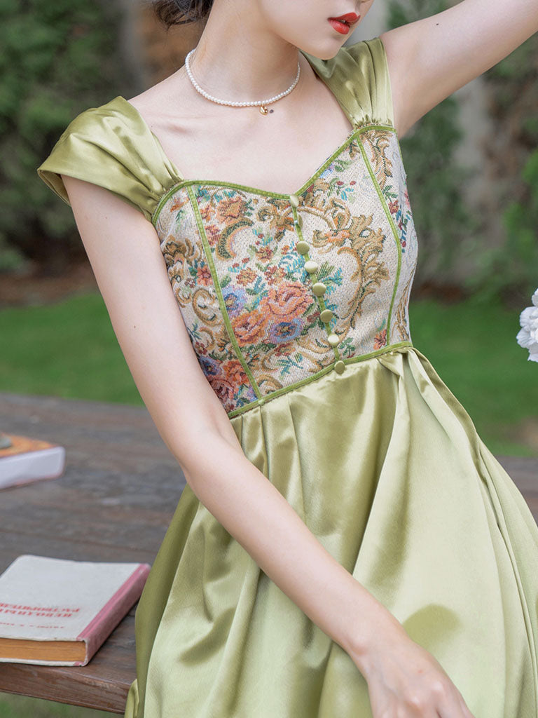 Green Rose Floral Off Shoulder 1950S Vintage Dress