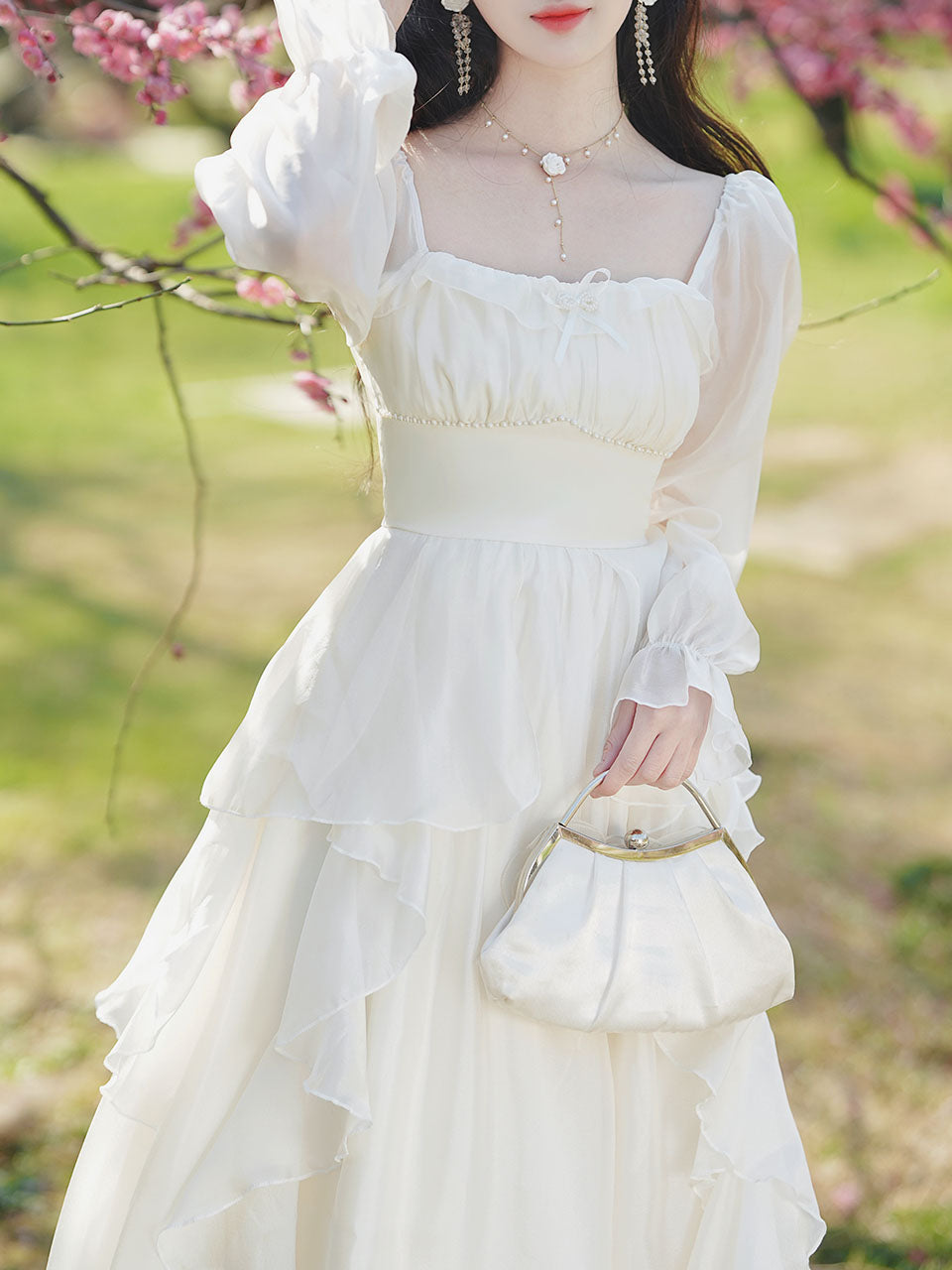White Square Collar Long Sleeve Ruffles Vintage 1950S Dress