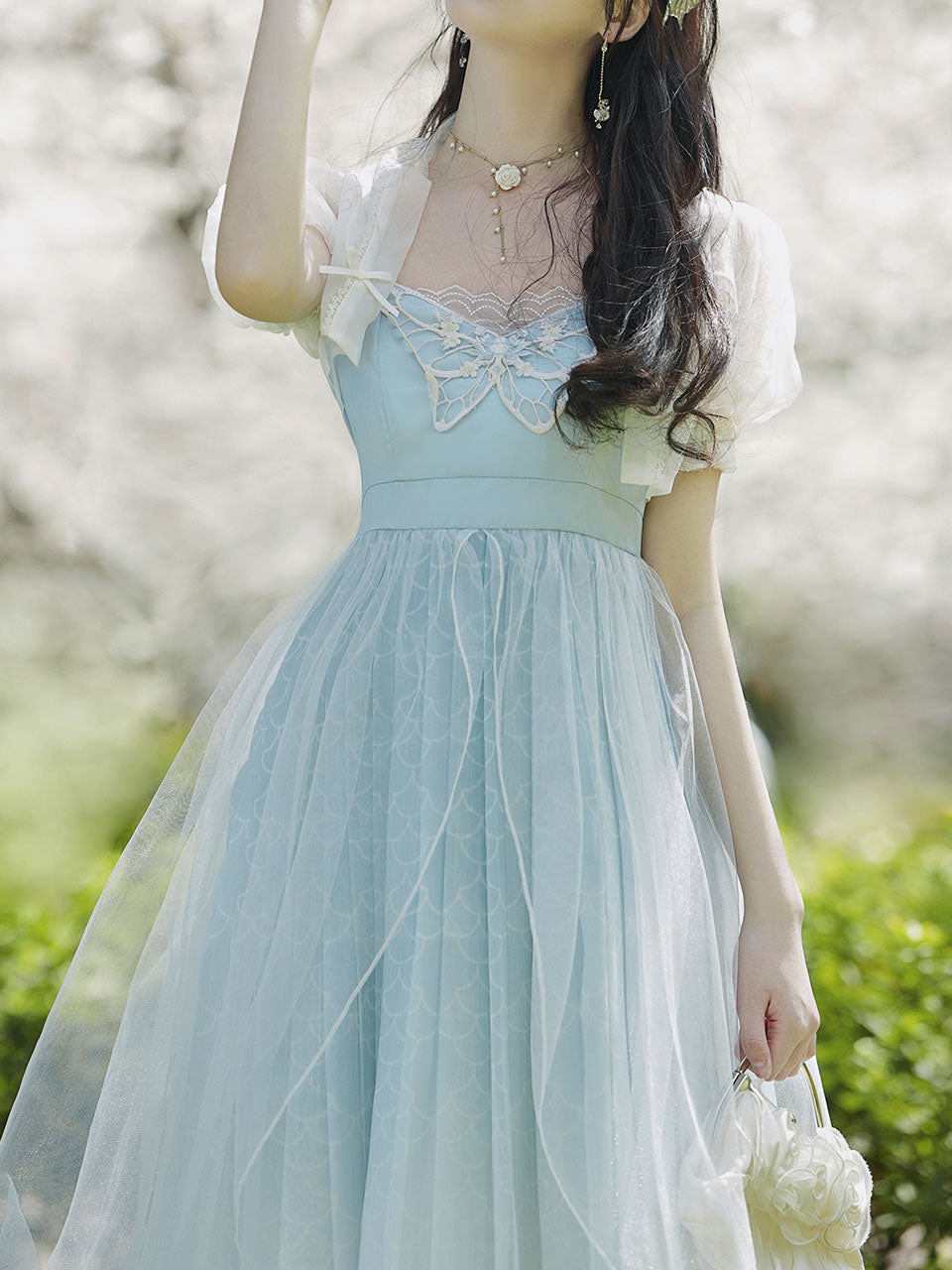 2PS Baby Blue Embroidered Butterfly Vintage Dress