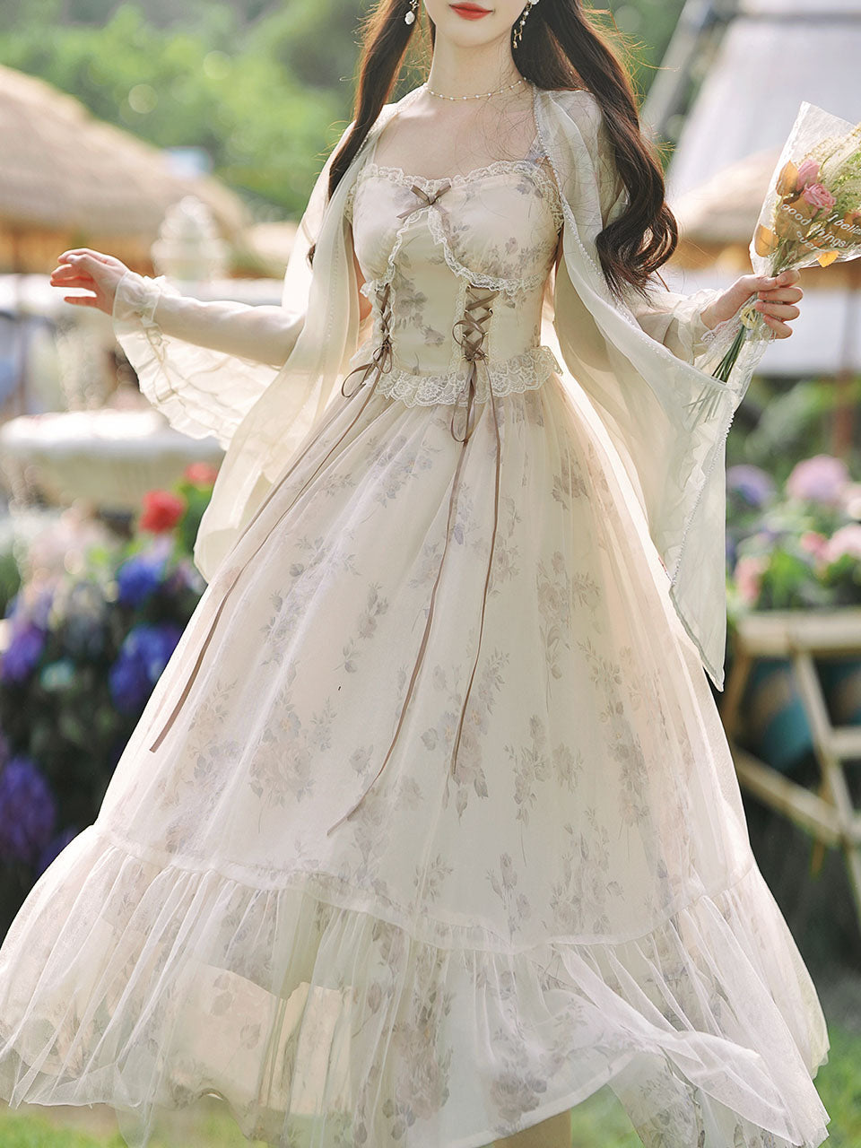 2PS Apricot Floral Print Ruffles Spaghetti Strap Princess Dress