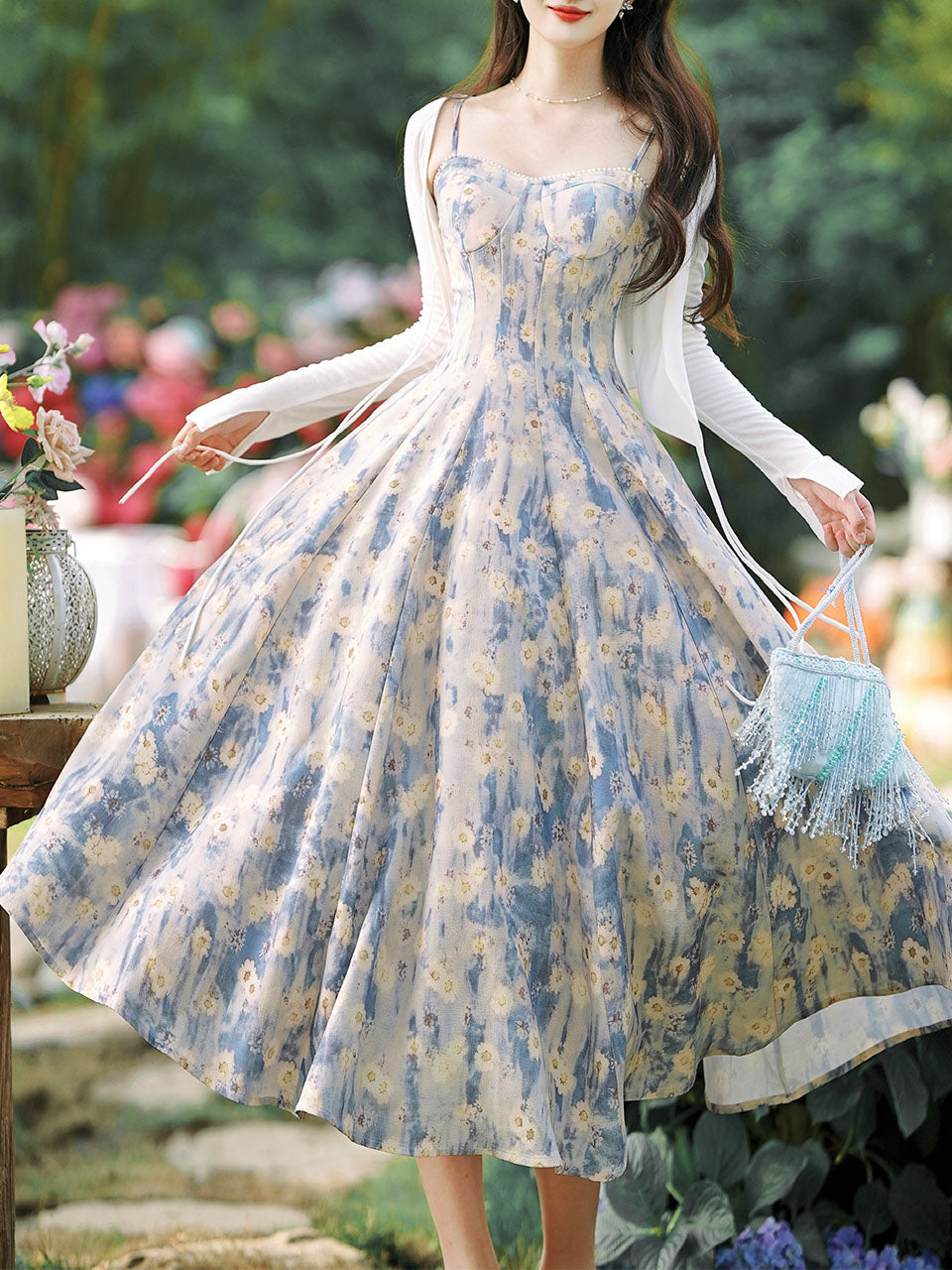2PS Blue Daisy Floral Print Spaghetti Strap Dress