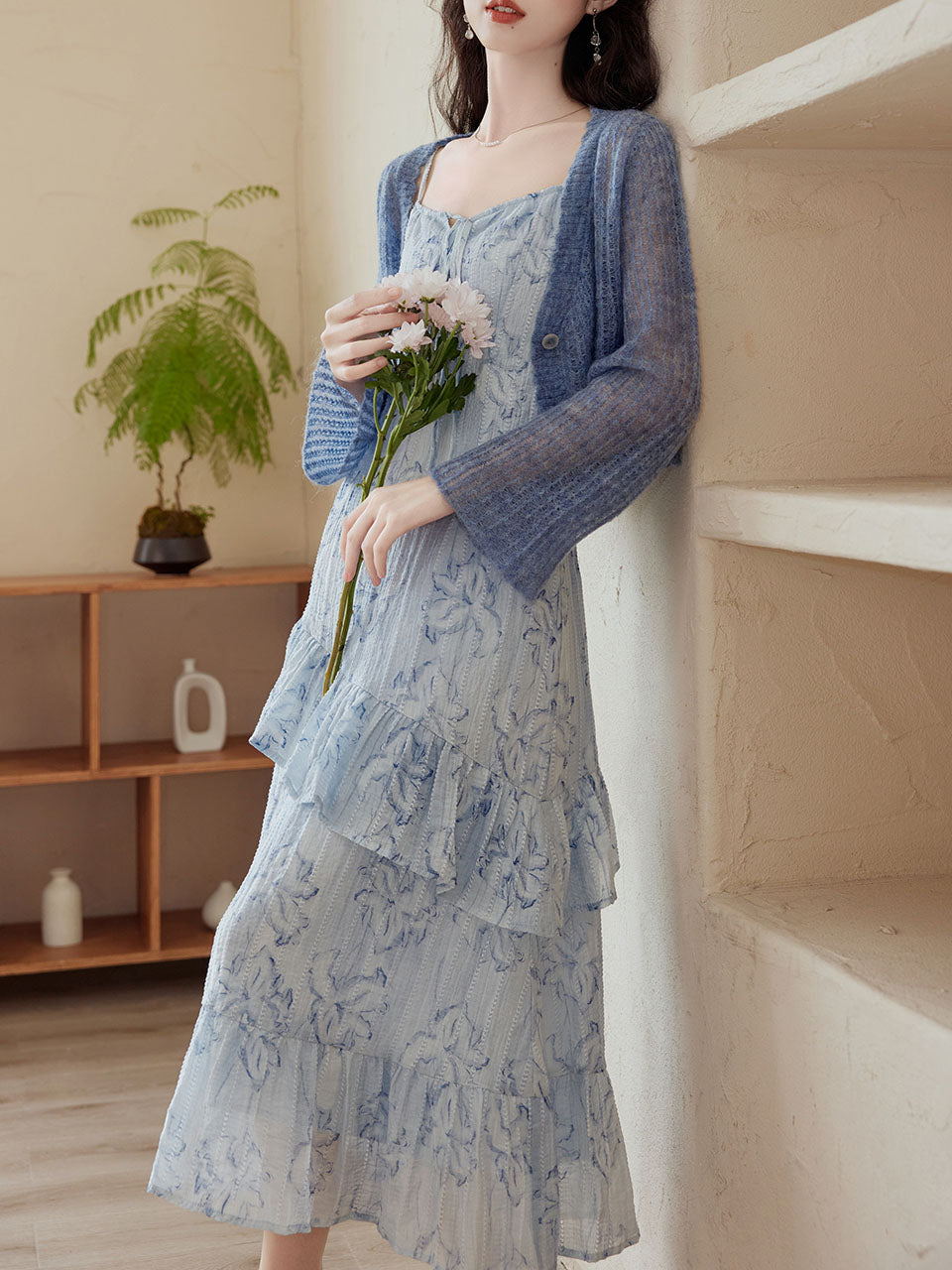 2PS Blue Floral Print Spaghetti Strap Dress