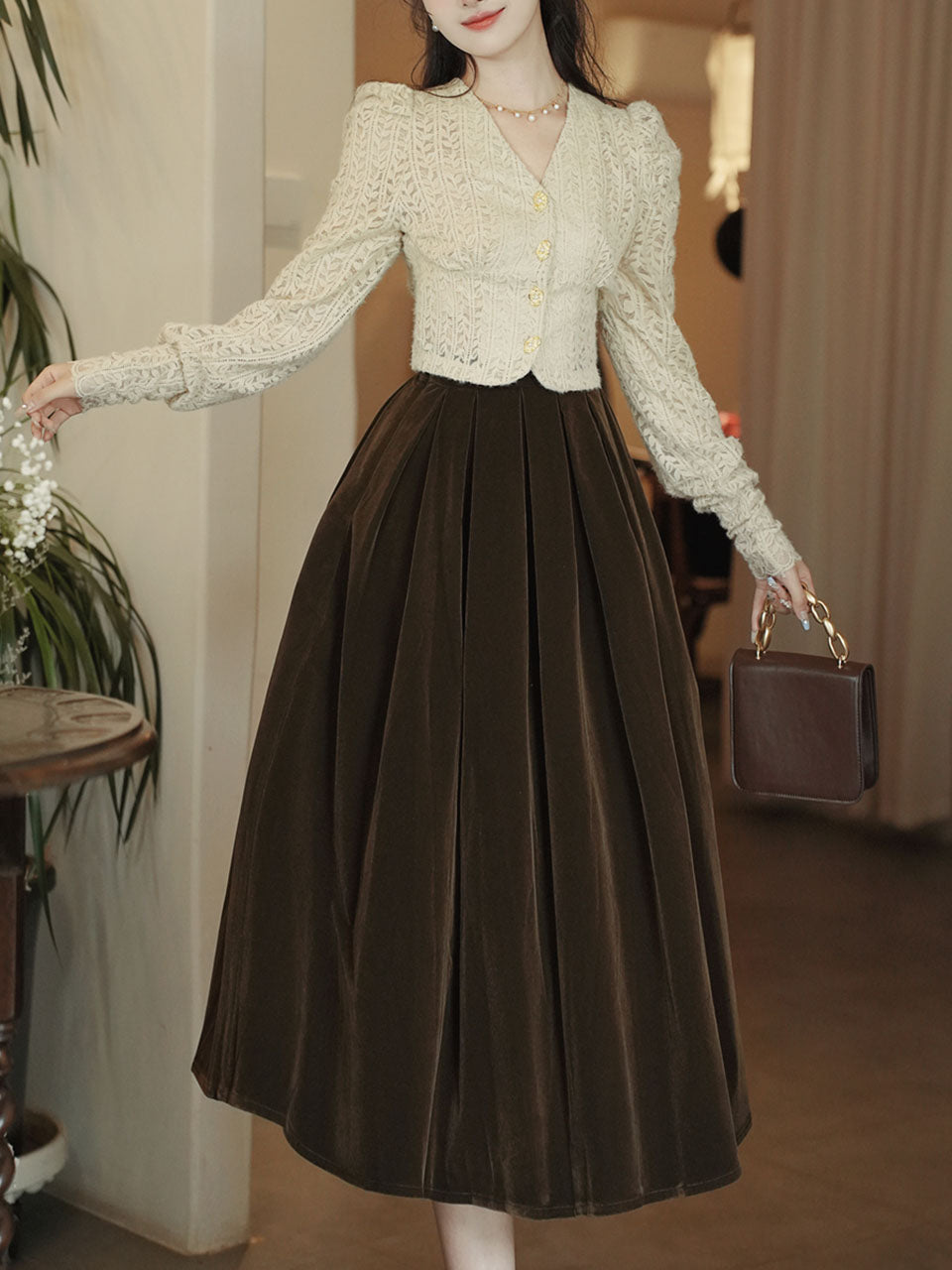 White Lace V Neck Top and Brown Velvet Swing Skirt Dress Set