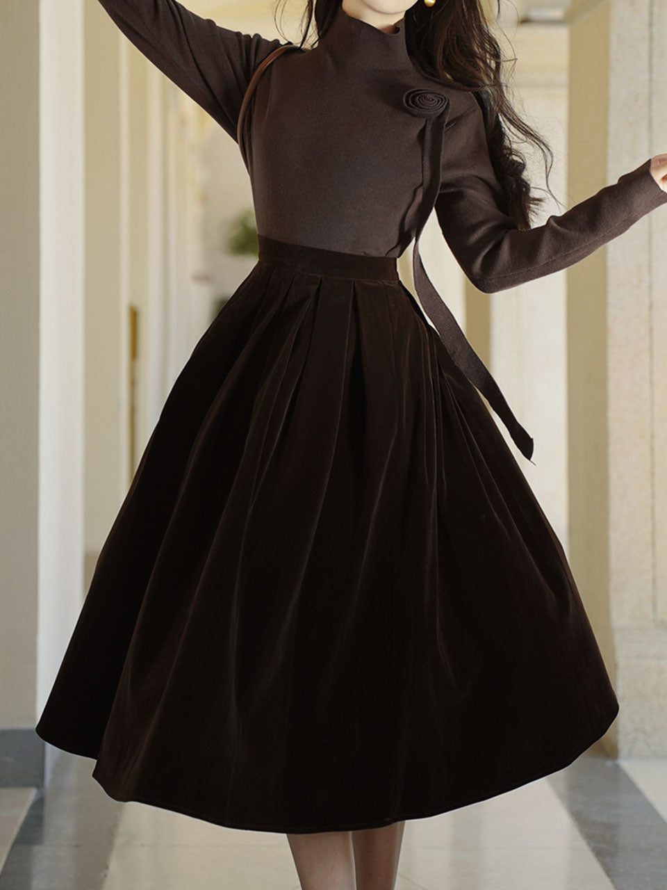 Brown Flower Turtleneck Sweater and Velvet Swing Skirt Dress Set