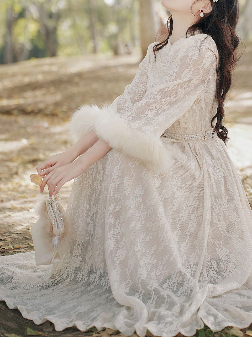 Apricot Lace Fur Sleeve 1950S Vintage Dress