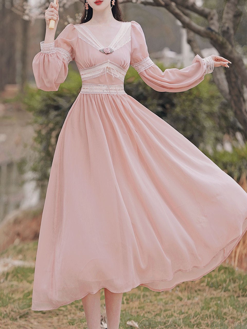 Pink Rose Girl Retro Lace V-neck Chiffon Long Lantern Sleeve Coquette Dress