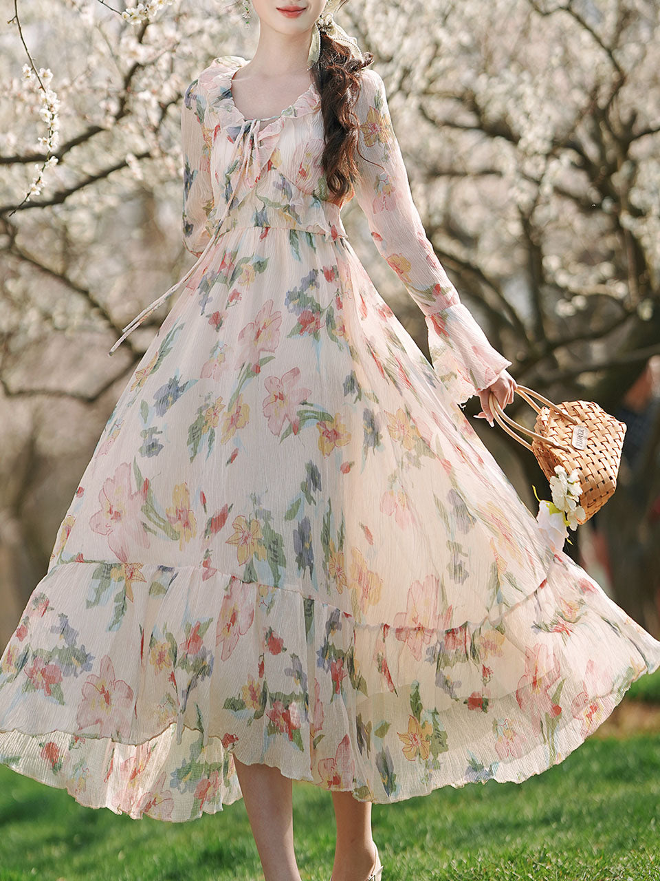 1950S White Ruffles V Neck Floral Print Swing Dress For Women