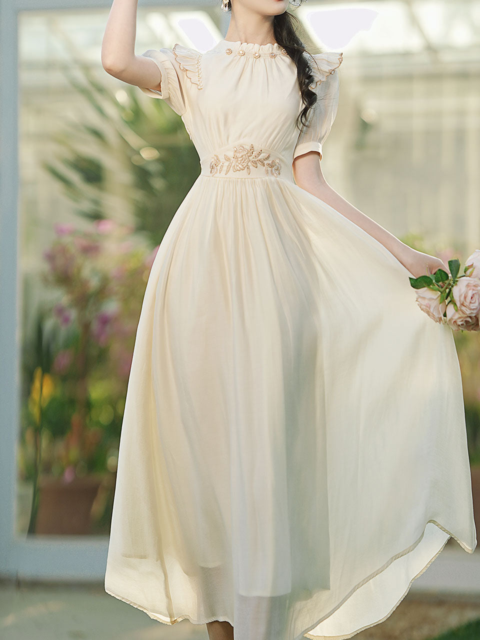 White Ruffles Collar Embroidered Puff Sleeve 1950S Vintage Dress