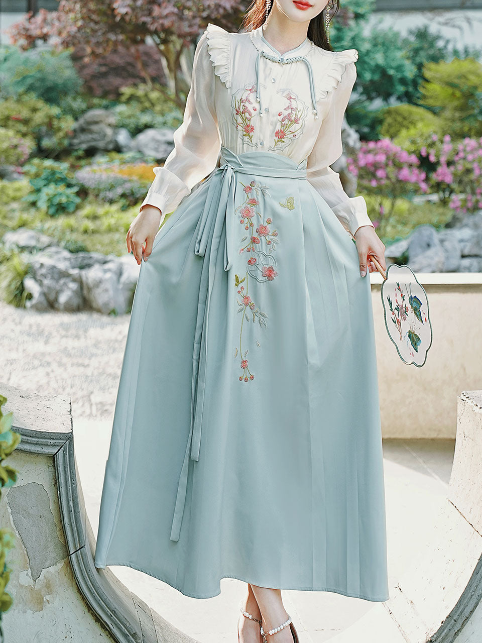 2PS Blue Stand Collar Embroidered Top and White Horse-face Skirt Vintage Suits