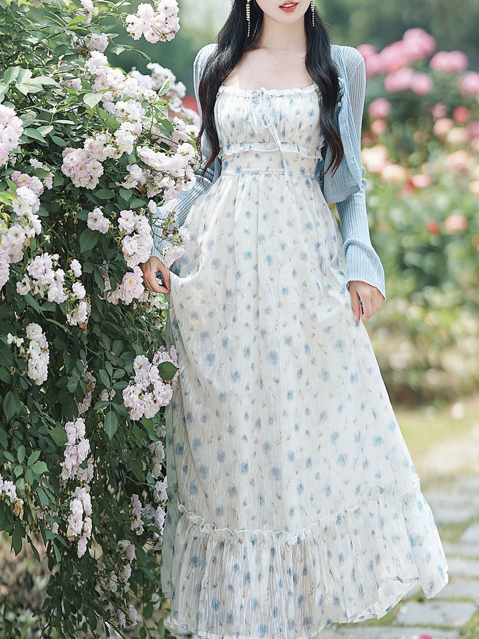 2PS Blue Floral Print Ruffles Spaghetti Strap Princess Dress