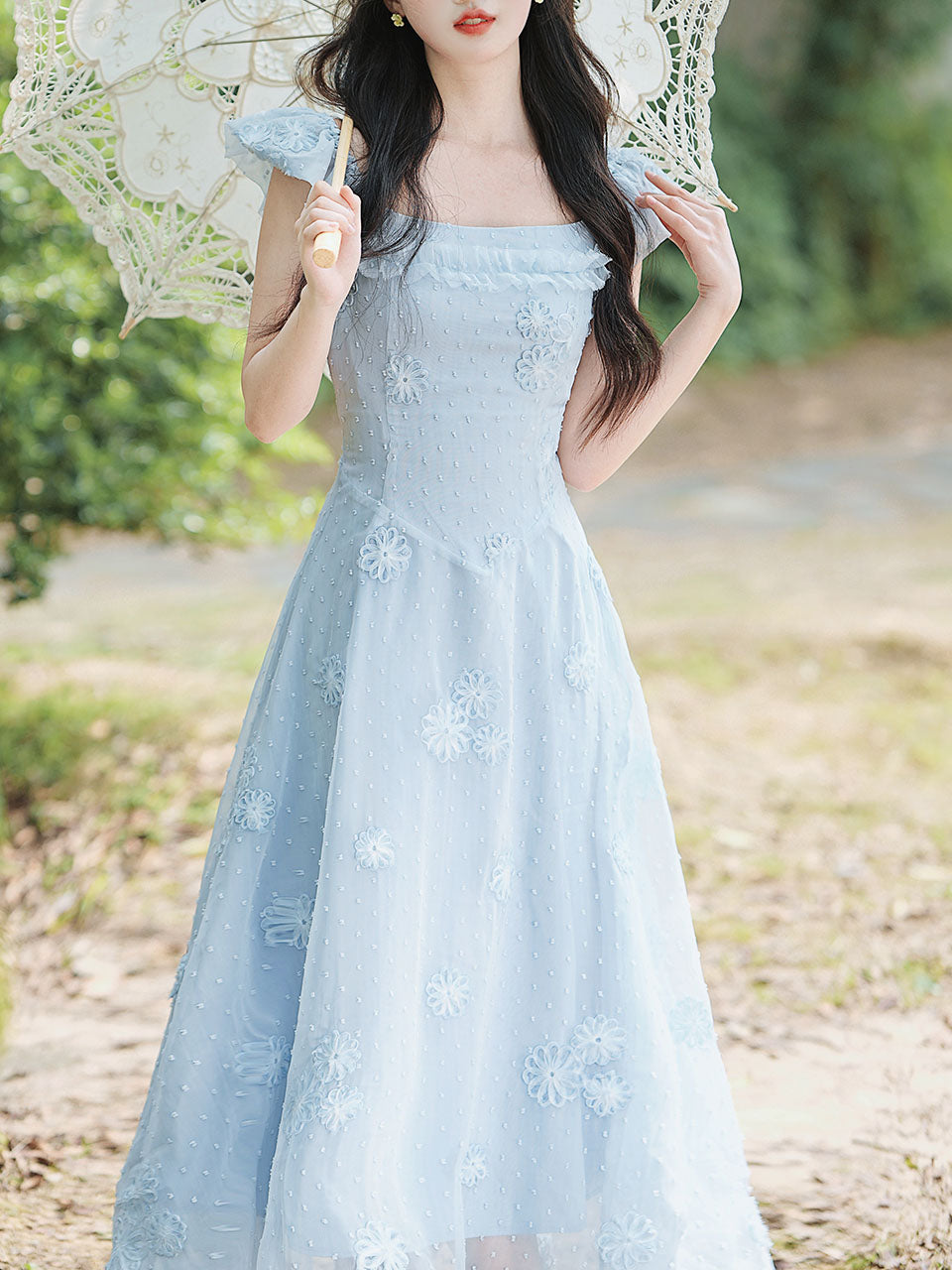 Baby Blue Sea Salt Flowers Delicate Fabric Square Neck Vintage Midi Cute Dress