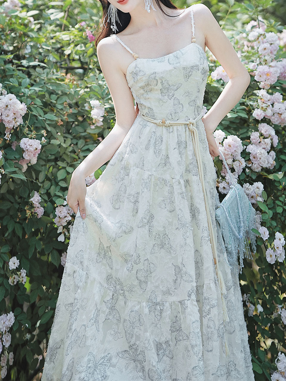 2PS White Butterfly Print Spaghetti Strap 1950S Vintage Dress