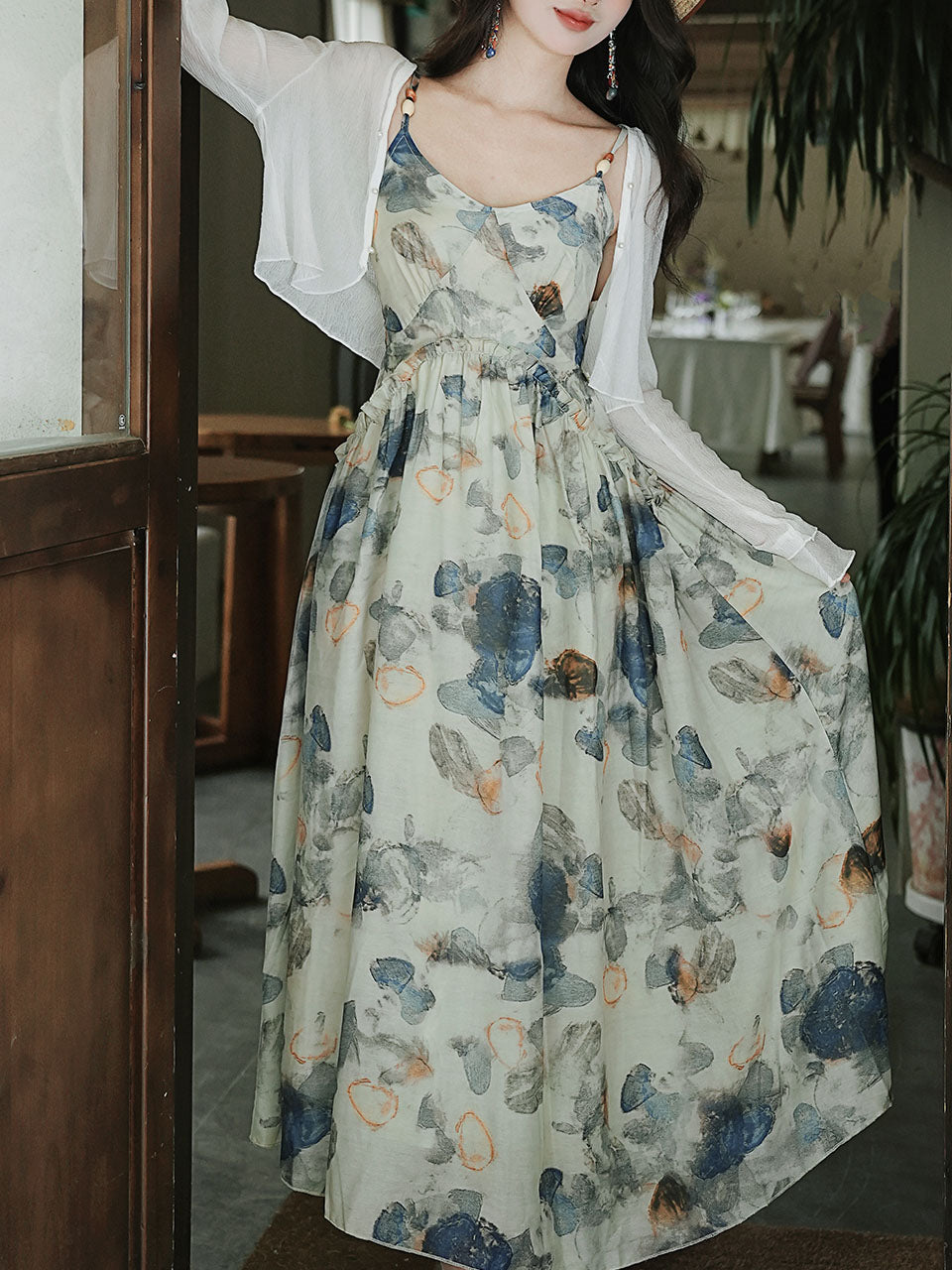 2PS Blue Floral Print Spaghetti Strap 1950S Vintage Dress