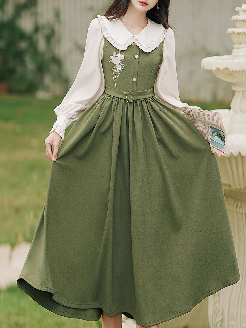2PS Peter Pan Collar Vintage Fall Shirt Set Dress