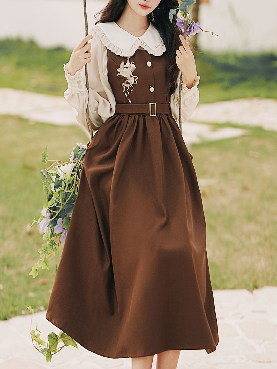 2PS Peter Pan Collar Vintage Fall Shirt Set Dress