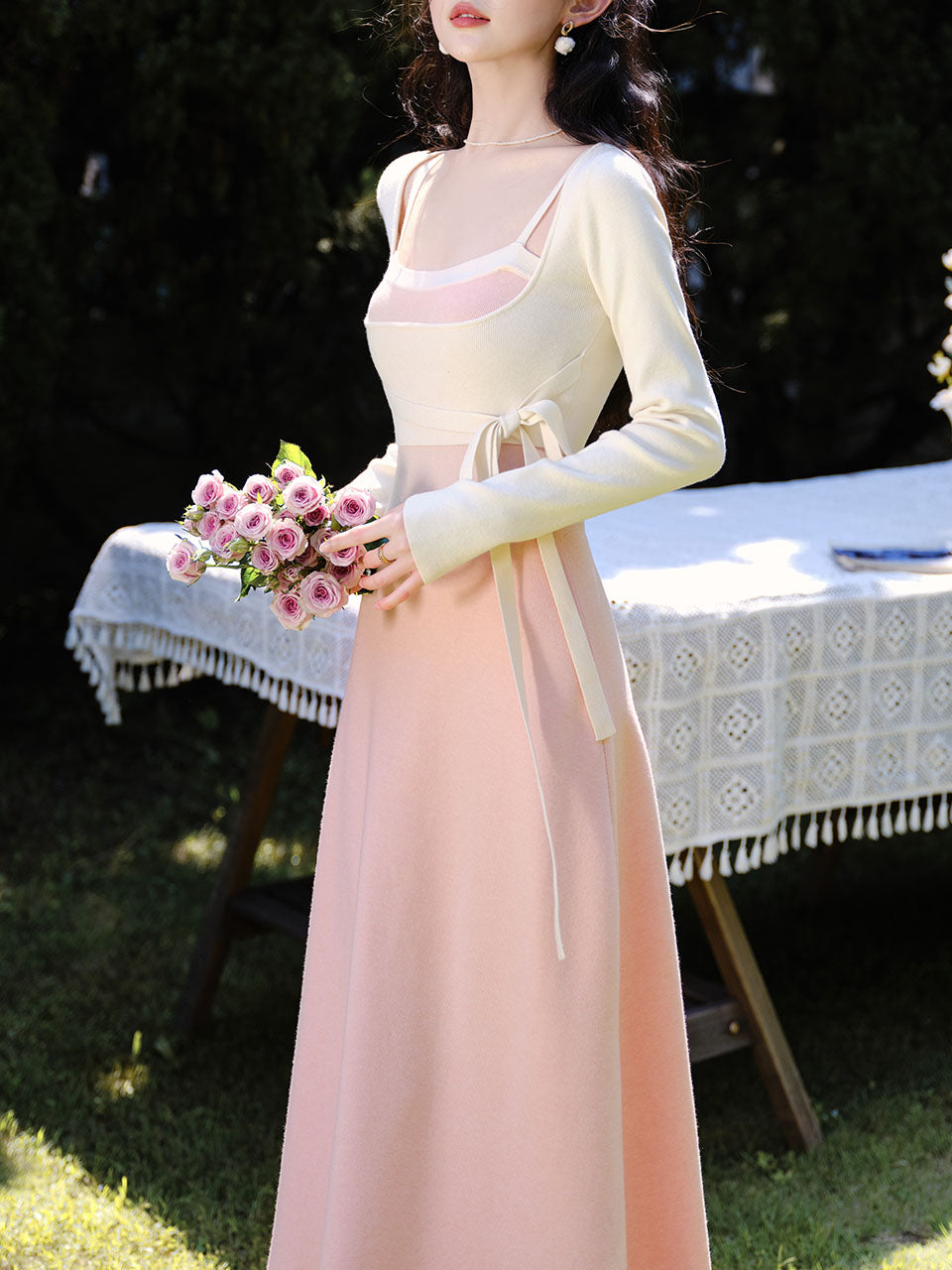 Sweet Pink Long Sleeve Knitted Sweater Dress