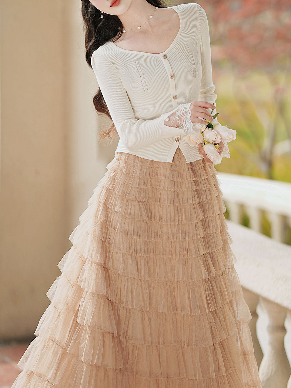 2PS White V Neck Knitted Sweater and Swing Mesh Fairy Skirt Dress Set