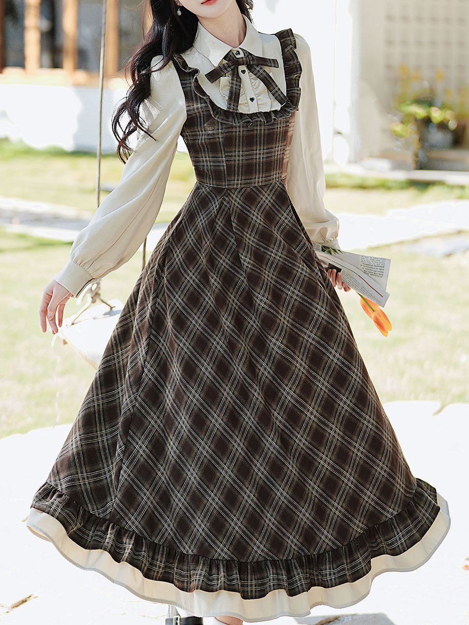 Brown Plaid Fake Two-Piece Long Sleeve Vintage Dress