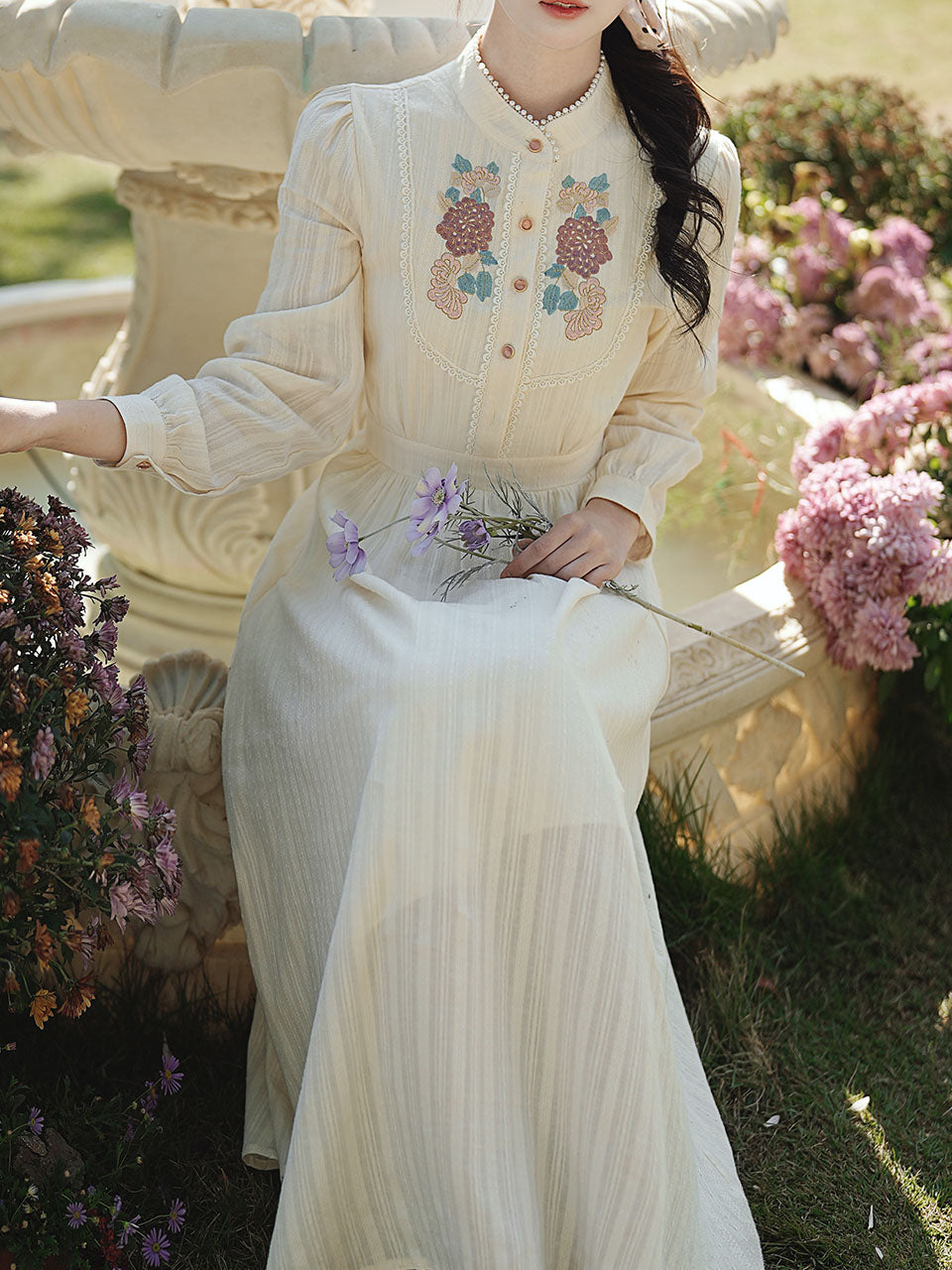 White Stand Collar Long Sleeved Embroidered Cotton Dress