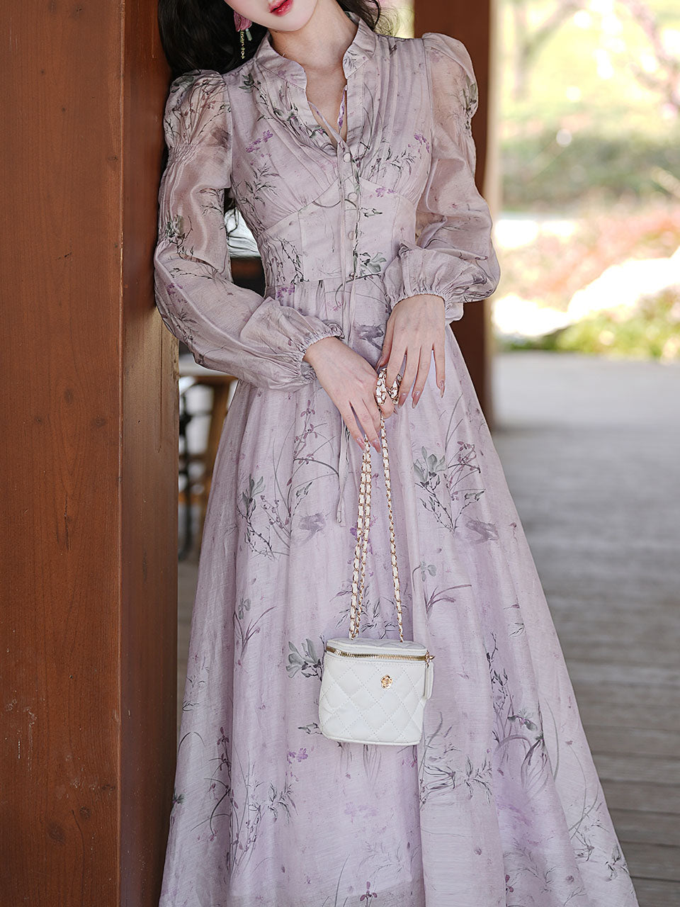 Purple Stand Collar Puff Long Sleeve Vintage Dress