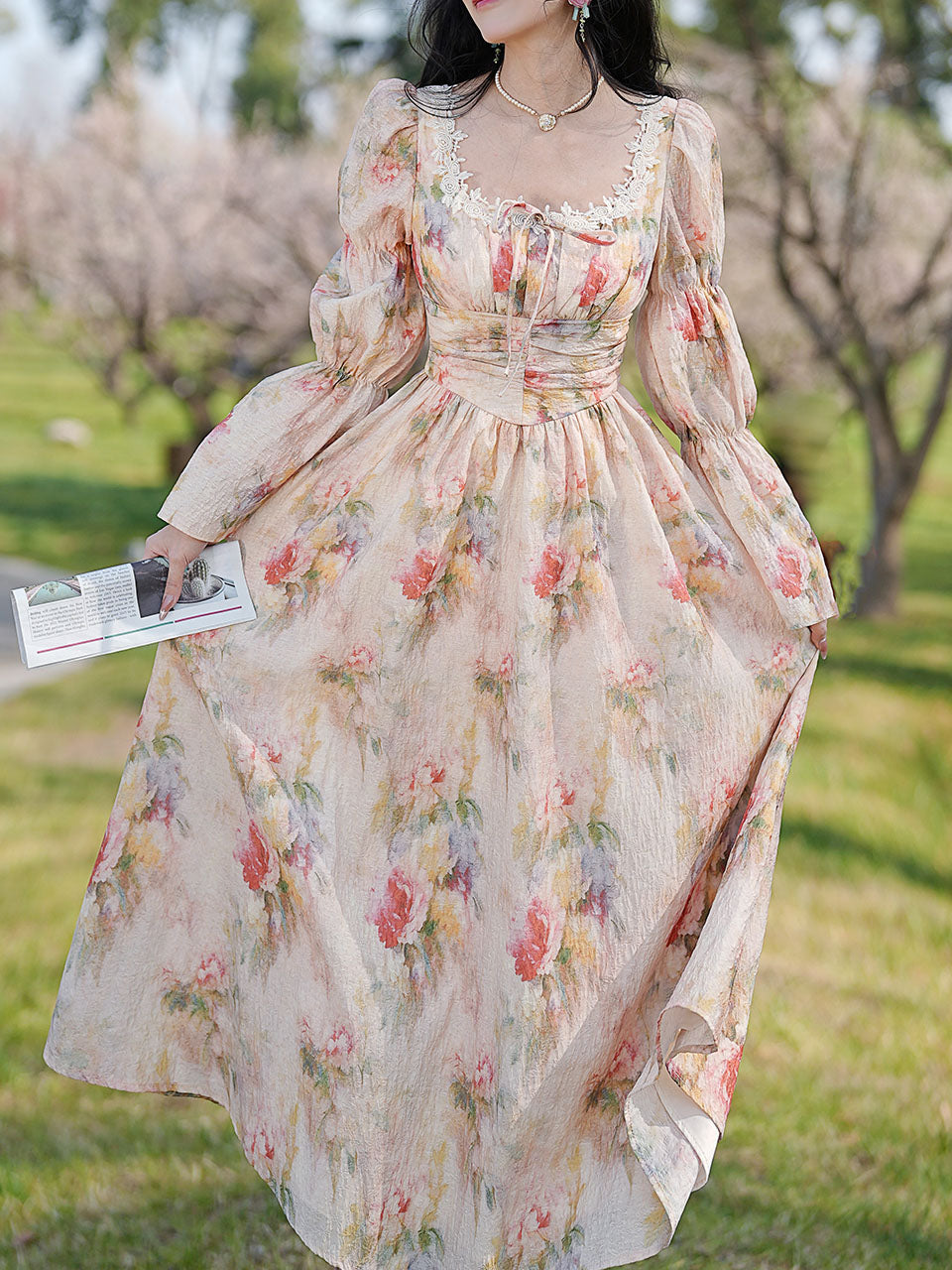 Pink Square Collar Floral Lace Ruffles Edwardian Revival Vintage Dress