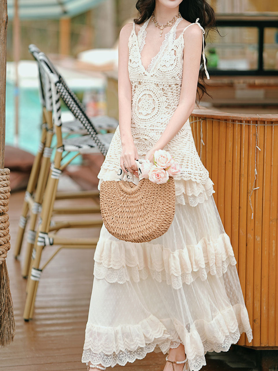 1950S Vintage White Hollow Crochet Cover Up and High Waist Lace Skirt Set