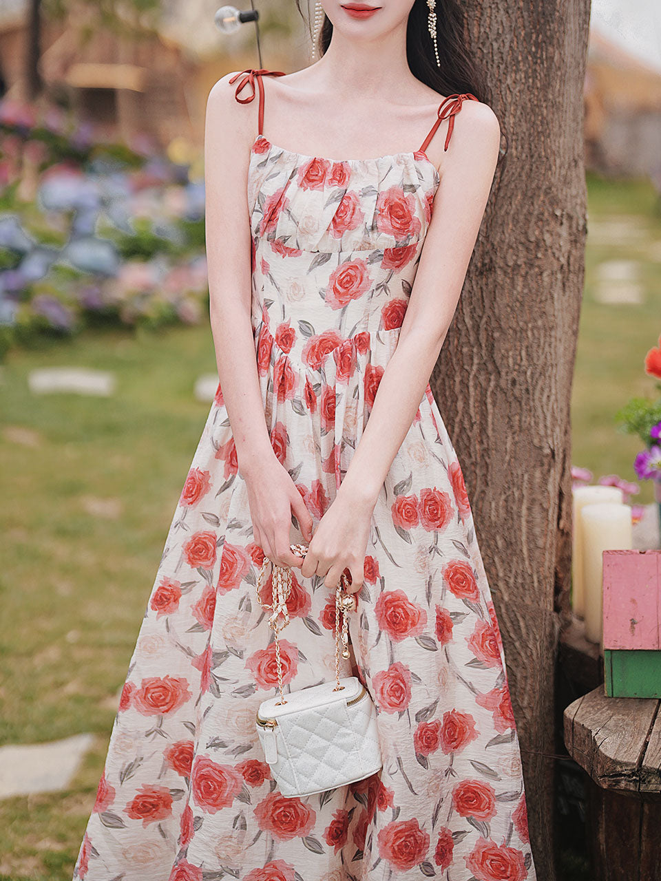 2PS Red Rose Spaghetti Strap 1950S Vintage Dress