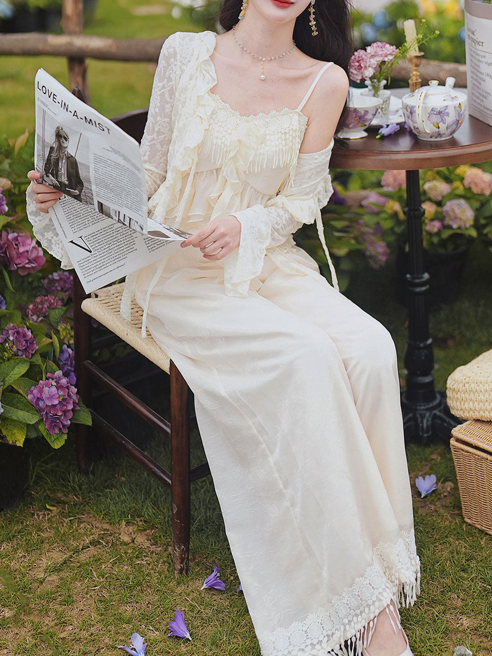 3 Piece Set White Ruffles Top and Wide Legged Pants 1950S Lace Cardigan Vintage Suit