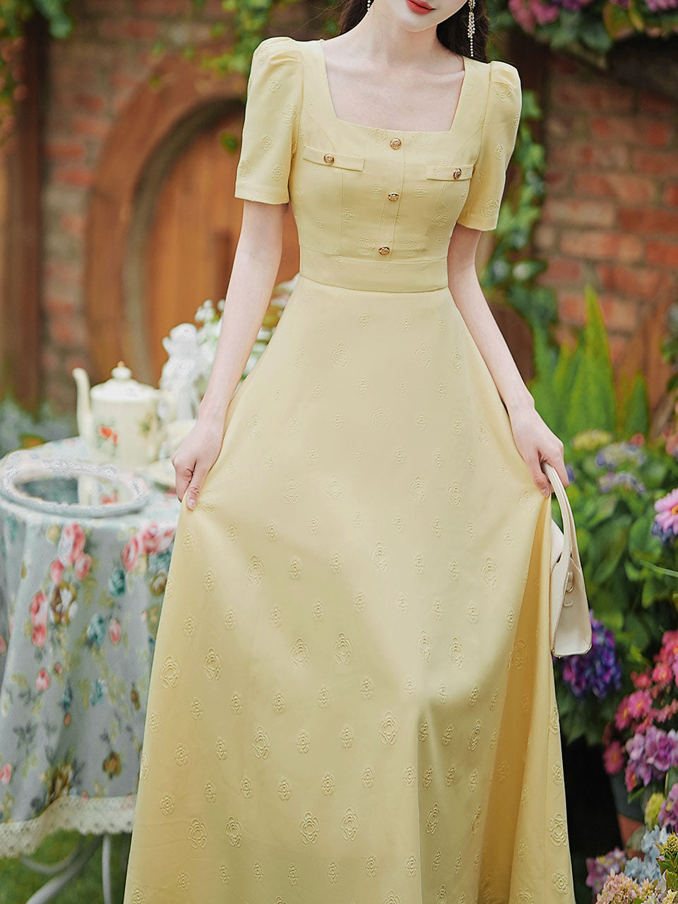 Yellow Square Neck Short Sleeve 1950S Vintage Dress