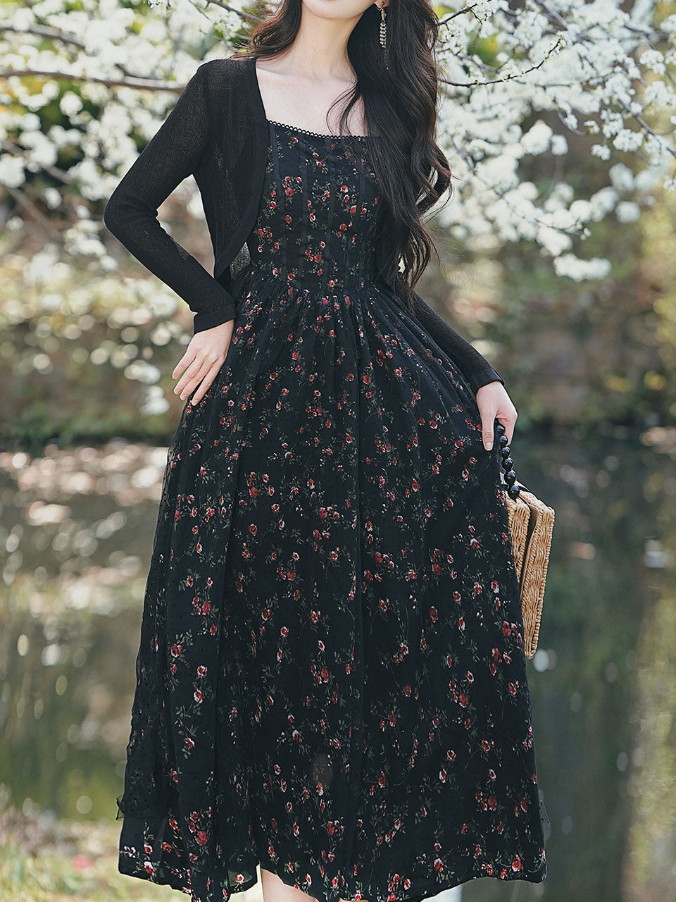 2PS Vintage Black Floral Chiffon Maxi Dress