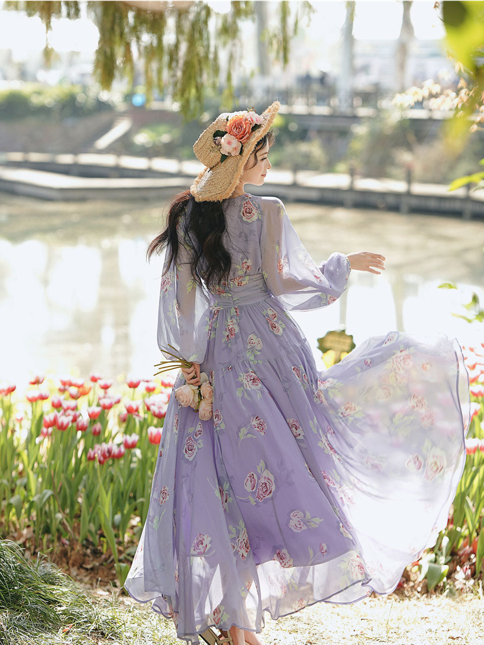 Purple Floral Print V Neck Long Sleeve Vintage Dress