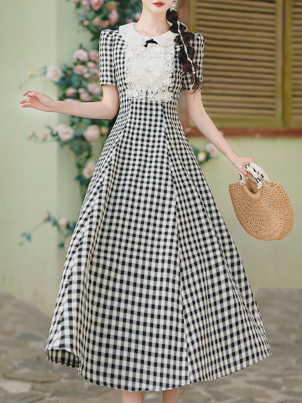 Black and White Plaid Lace Peter Pan Collar 1950s Vintage Dress