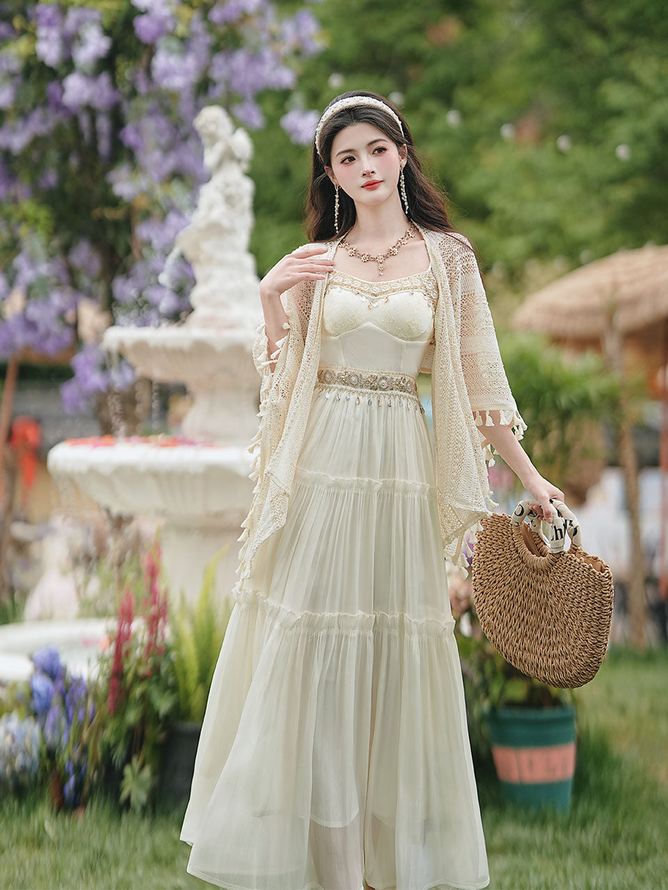 White Bohemian Embroidered Retro Maxi Dress 1970S Vintage Set