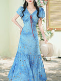 Blue Starry Night Sky Tie Dye V Neck Puff Sleeve Vintage Dress