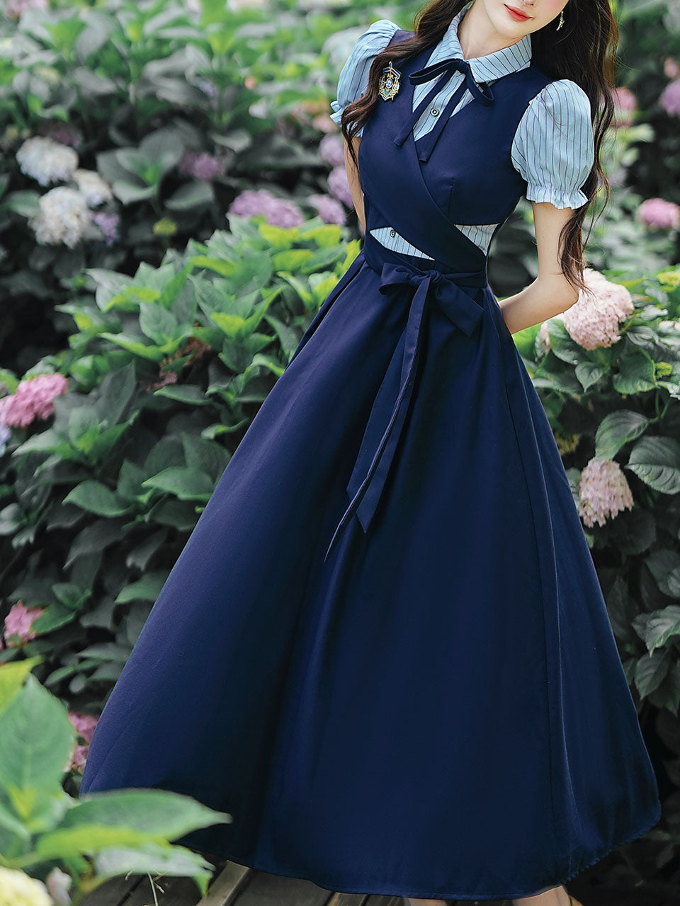 Vintage Navy Two-Piece Fake Layered Shirt Dress