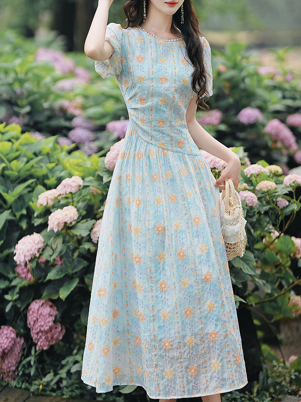 Blue Pearl-encrusted Collar Embroidered Lace 1950s Dress