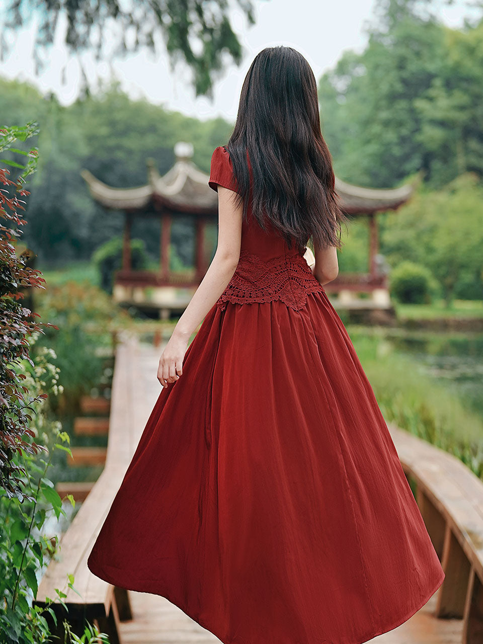 Red Cheongsam Cap Sleeve Lace Vintage Dress
