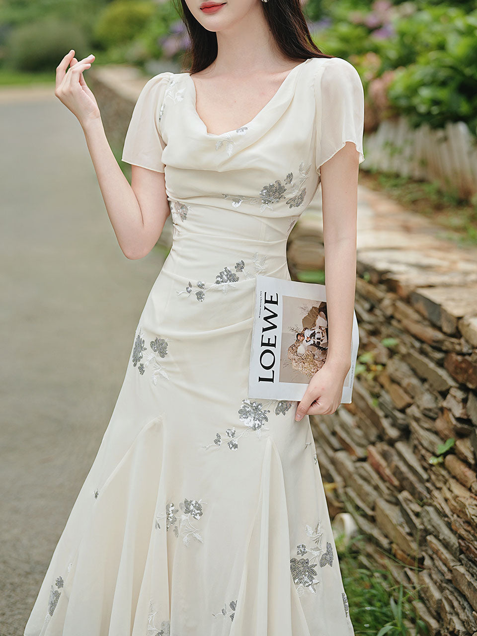 Elegant Ivory Sequin Floral Mermaid Dress French Style V Neck Maxi Evening Gown