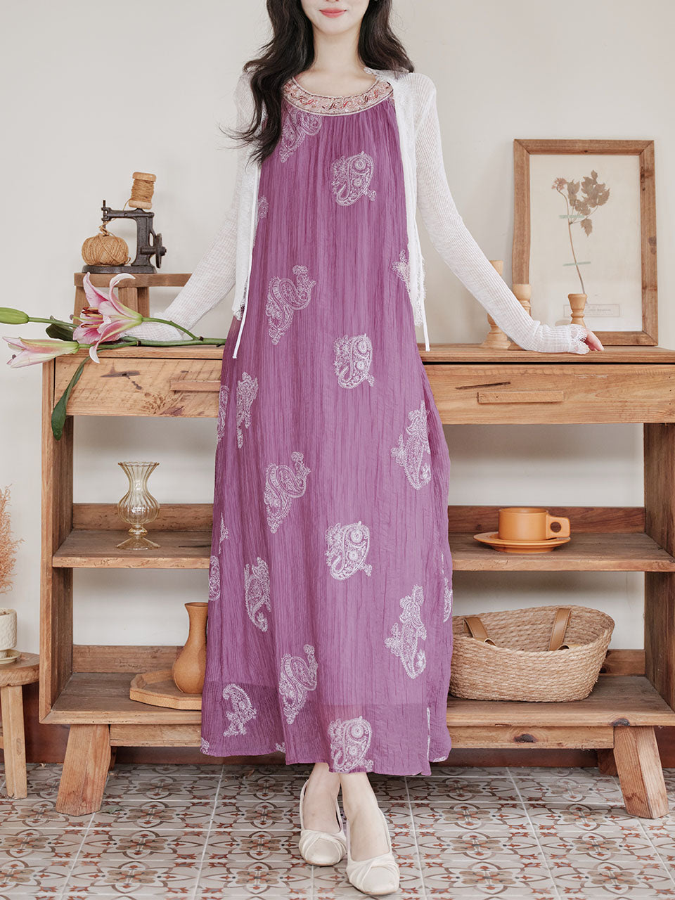 Purple Round Neck Embroidered Luxury Maxi Dress