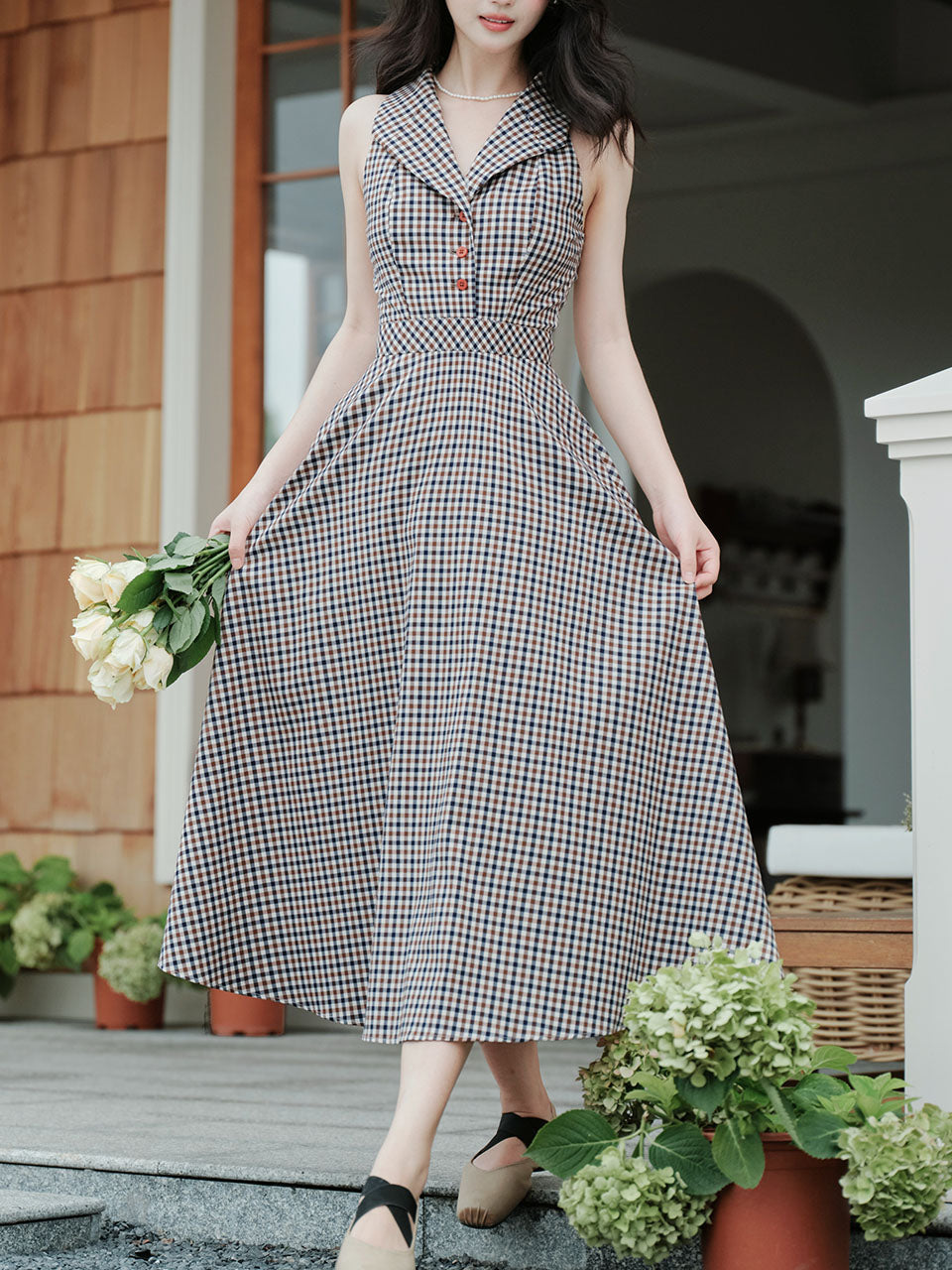 Grey V Neck Plaid Vintage Dress