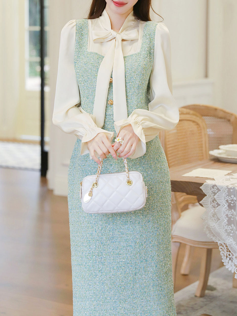 Vintage 1940s Mint Green Tweed Skirt Suit Set Bow Collar & Matching Jacket