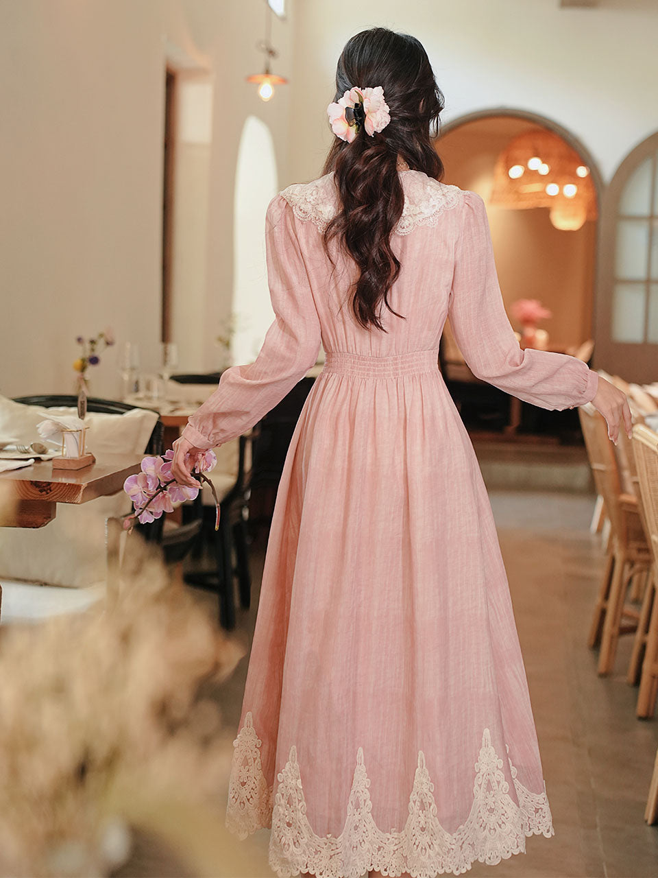 Romantic Vintage Pink Long Sleeve Dress