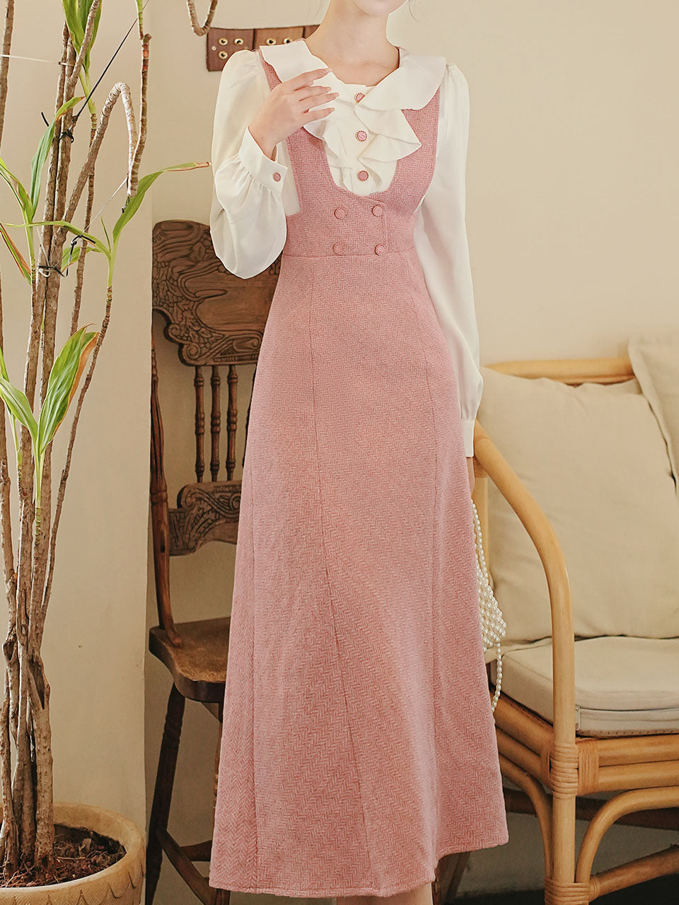 Pink Tweed Fake Two-Piece Dress